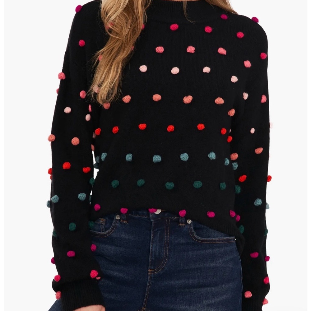 CeCe Black Knit Sweater with Pom Poms Size Small Like New —Never Worn
